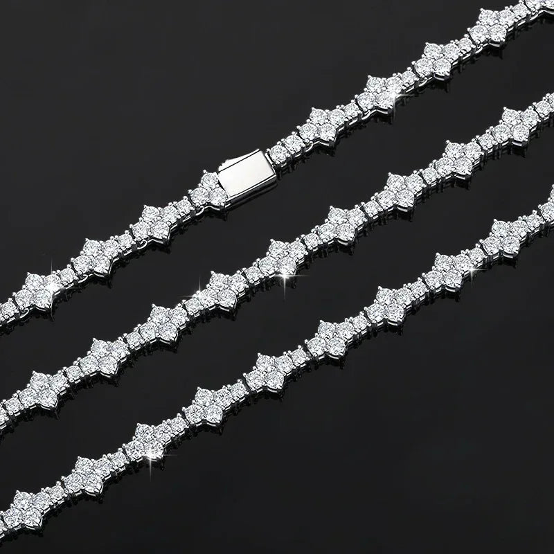 Moissanite Tennis Chain with Cross-Flower Design – S925 Sterling Silver Iced-Out Hip Hop Bracelet/Necklace - CaratixJewelry