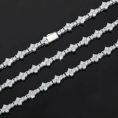 Moissanite Tennis Chain with Cross-Flower Design – S925 Sterling Silver Iced-Out Hip Hop Bracelet/Necklace - CaratixJewelry