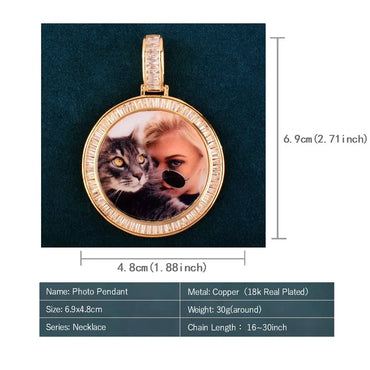 Round Photo Pendant Necklace | Gold/Silver/Rose Gold CZ DIY Hip Hop Jewelry - CaratixJewelry