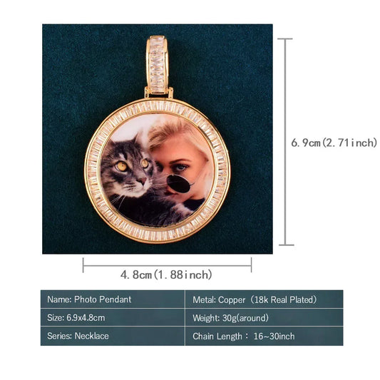 Round Photo Pendant Necklace | Gold/Silver/Rose Gold CZ DIY Hip Hop Jewelry - CaratixJewelry