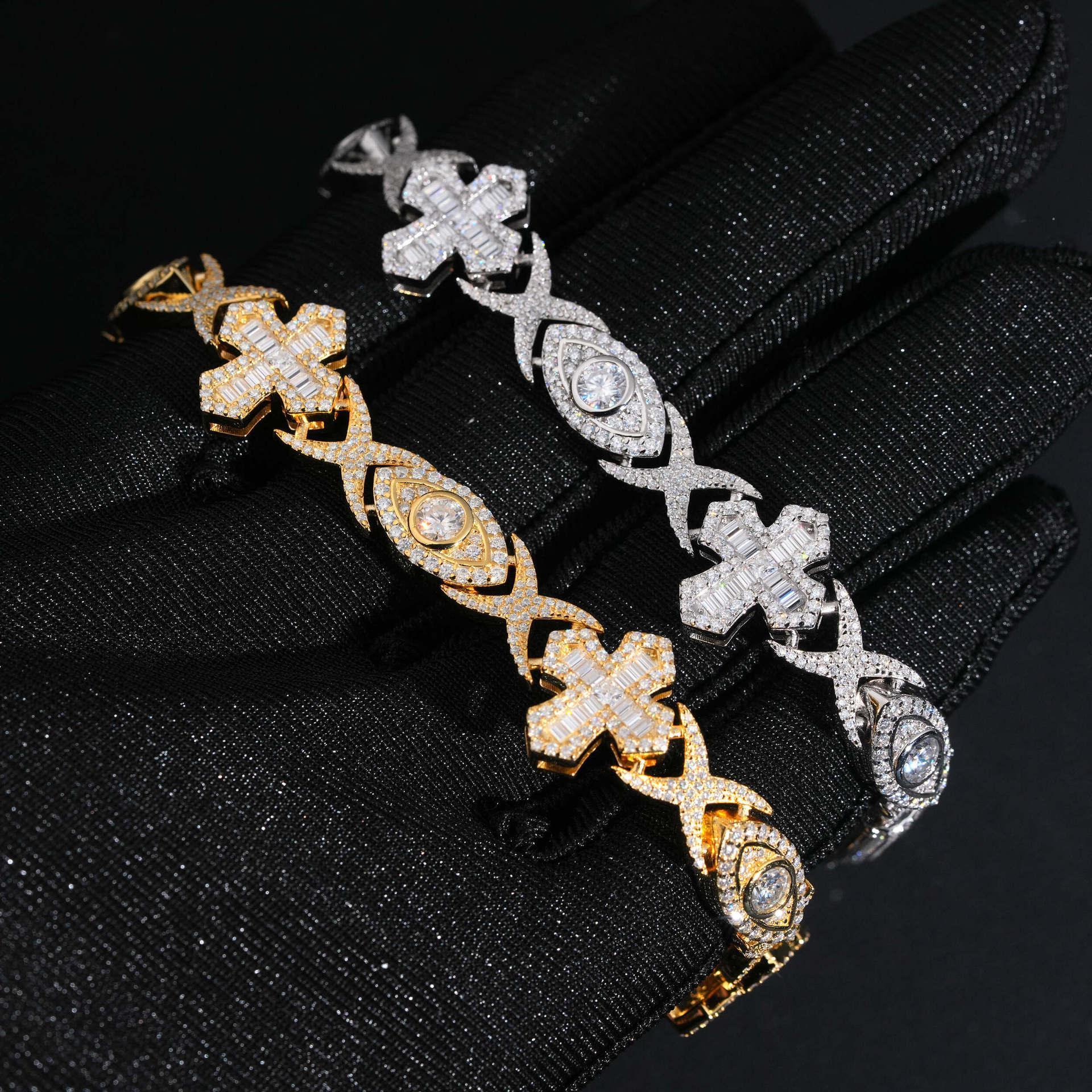 14mm Moissanite Cuban Link Bracelet with Cross & Eye Design – S925 Sterling Silver Iced-Out Hip Hop Streetwear Jewelry - CaratixJewelry