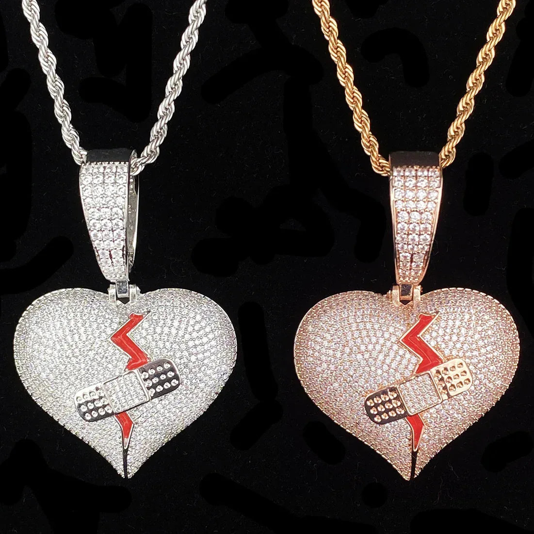 Iced Out "Mended Heart" Band-Aid Pendant | Men's Real Copper Broken Heart Necklace - CaratixJewelry