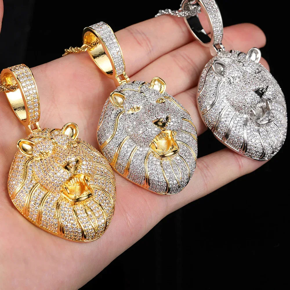 Solid Lion Head Pendant Necklace with Micro-Pave Zircon and Gold Plating for Men | Caratix Jewelry - CaratixJewelry