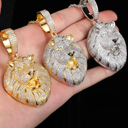 Solid Lion Head Pendant Necklace with Micro-Pave Zircon and Gold Plating for Men | Caratix Jewelry - CaratixJewelry
