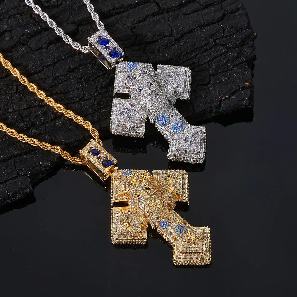 Custom Pendant Necklace with Portrait & Blue Flower Cross | Iced-Out Art Jewelry | Caratix - CaratixJewelry