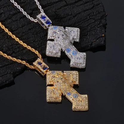 Custom Pendant Necklace with Portrait & Blue Flower Cross | Iced-Out Art Jewelry | Caratix - CaratixJewelry