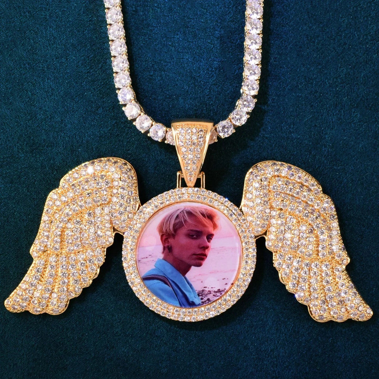 Wing Photo Pendant Necklace | Iced Out CZ Custom Picture DIY Couple Jewelry - CaratixJewelry