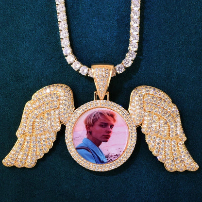 Wing Photo Pendant Necklace | Iced Out CZ Custom Picture DIY Couple Jewelry - CaratixJewelry