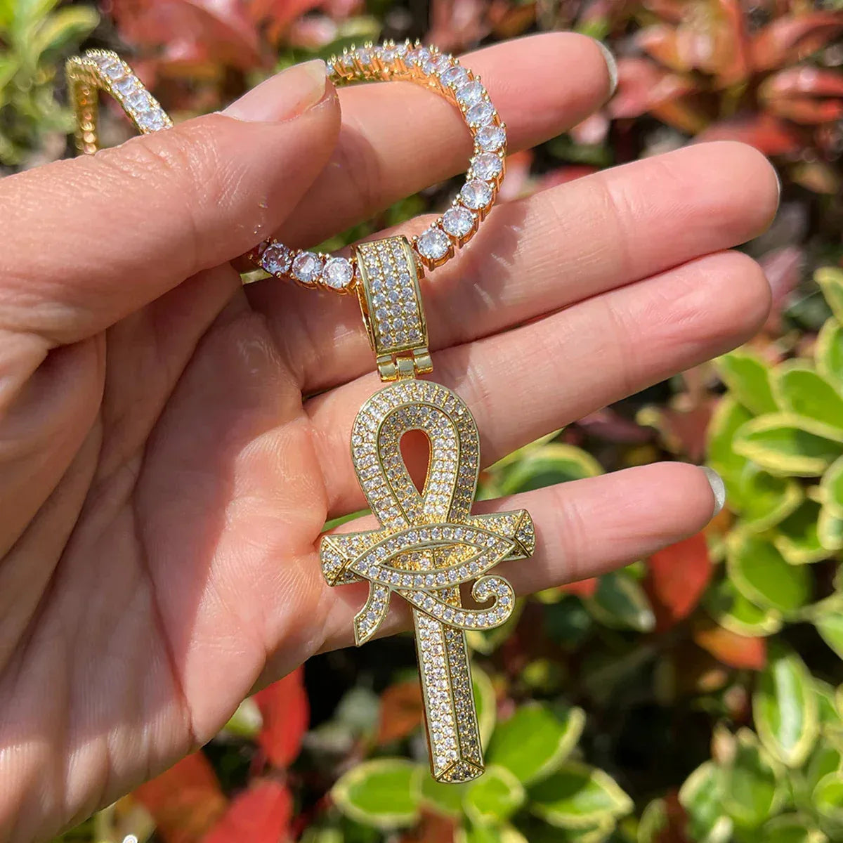 Luxury 18K Gold Plated Eye of Horus Ankh Cross Pendant | Hip Hop Iced Out Necklace for Men | Egyptian Mythology Ice Pendant | Pave CZ Jewelry | Caratix - CaratixJewelry
