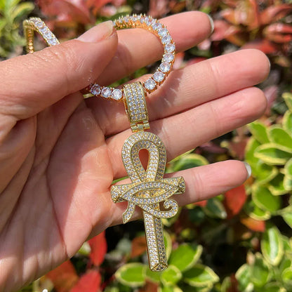 Luxury 18K Gold Plated Eye of Horus Ankh Cross Pendant | Hip Hop Iced Out Necklace for Men | Egyptian Mythology Ice Pendant | Pave CZ Jewelry | Caratix - CaratixJewelry