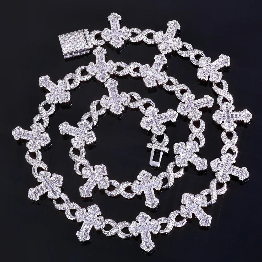 Custom 15mm Mixed Baguette Cross Necklace | Infinity 8-Link Rapper Iced Out Chain | Caratix - CaratixJewelry