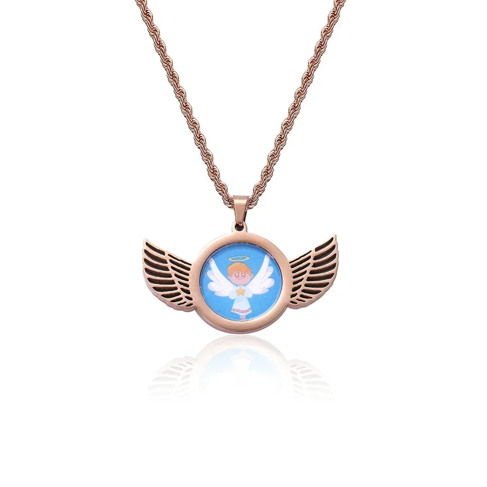 Winged Round Photo Frame Pendant Necklace with Customizable Photo for Men | DIY Stainless Steel Necklace | Caratix Jewelry - CaratixJewelry
