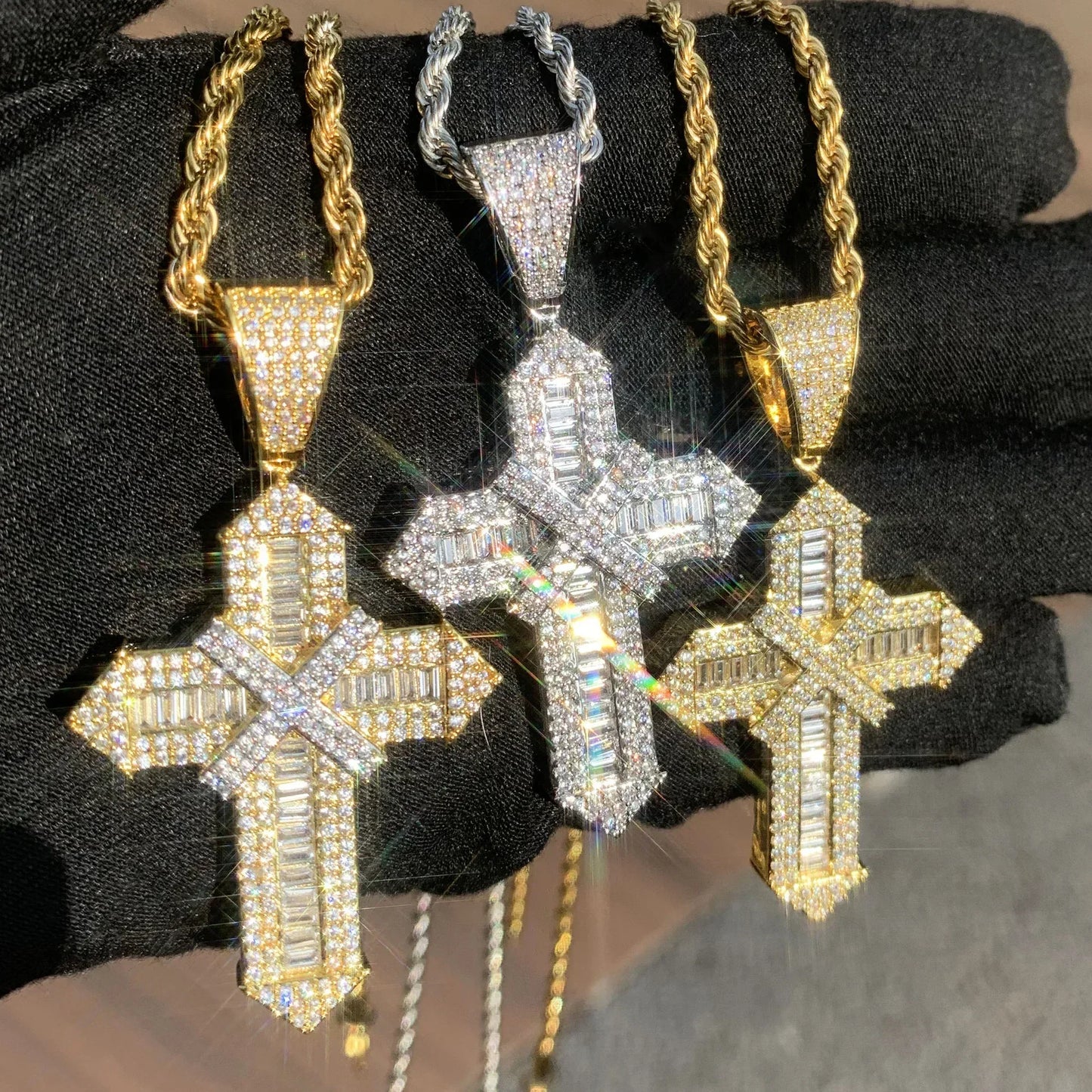 Iced Out Cross Pendant Necklace – Step-Cut Mixed Stone - CaratixJewelry