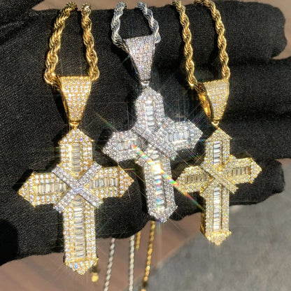 Iced Out Cross Pendant Necklace – Step-Cut Mixed Stone - CaratixJewelry