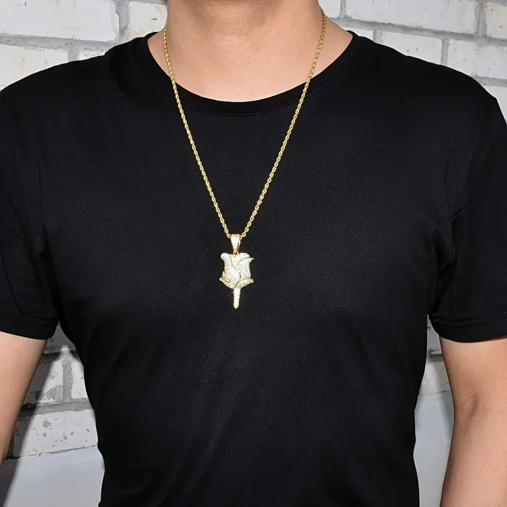 Unisex Iced Out Rose Pendant | Solid Color Real Copper CZ Necklace - CaratixJewelry