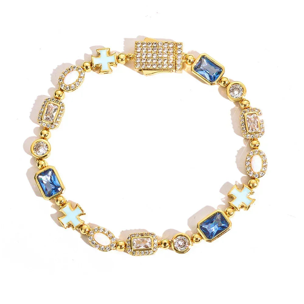 Custom 6mm Cross Bracelet with Colored Gemstones and Opal Stones for Men | Caratix Jewelry - CaratixJewelry