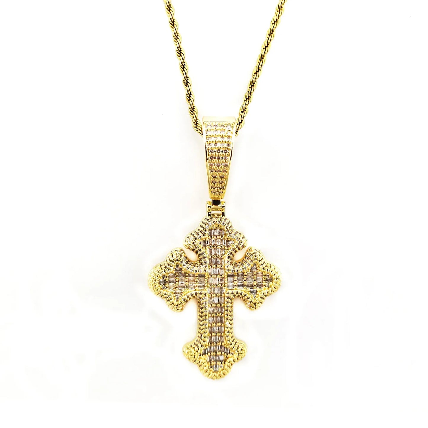 Iced Out Baguette Cross Pendant | Men's Real Copper CZ Necklace - CaratixJewelry