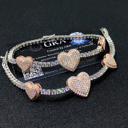 3mm Bi-Tone Heart Moissanite Tennis Chain | S925 Silver Iced Out Bracelet | Caratix