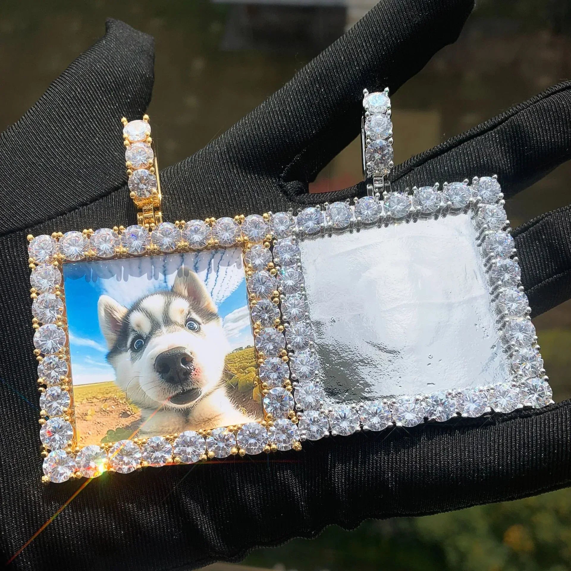 Dog Tag Photo Pendant with Heart Clasp | CZ Iced Out Custom Picture Hip Hop Necklace - CaratixJewelry