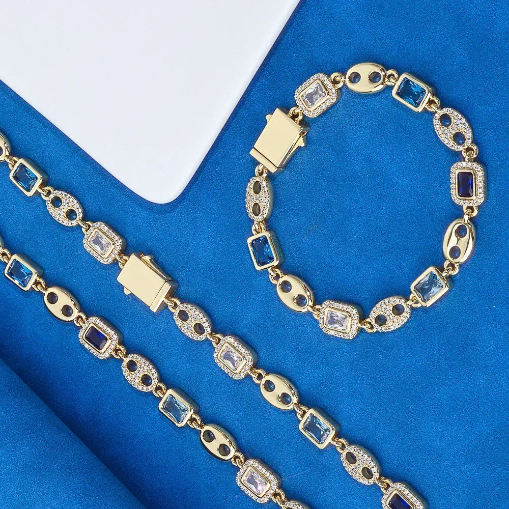 Custom 10mm Blue Gemstone Coffee Bean Chain | Minimalist Iced Out Jewelry | Caratix - CaratixJewelry