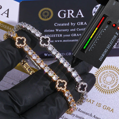 4mm S925 Sterling Silver Moissanite Clover Bracelet | VVS Moissanite Tennis Chain | High-End Gold Chain Rapper Aesthetic | Caratix - CaratixJewelry