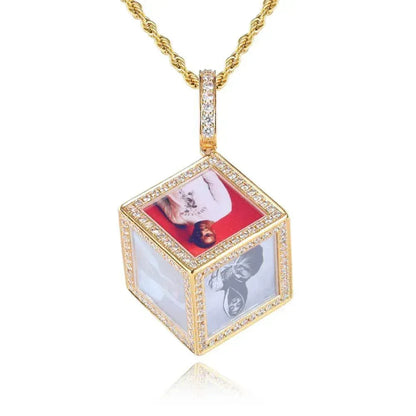 Custom Cube Memory Photo Pendant Necklace with Micro-Pave Zircon Stones | Caratix Jewelry - CaratixJewelry