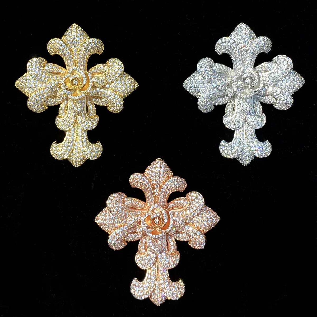 Exaggerated Floral Iced Out Cross Pendant | Luxury Men's Real Copper CZ Necklace - CaratixJewelry
