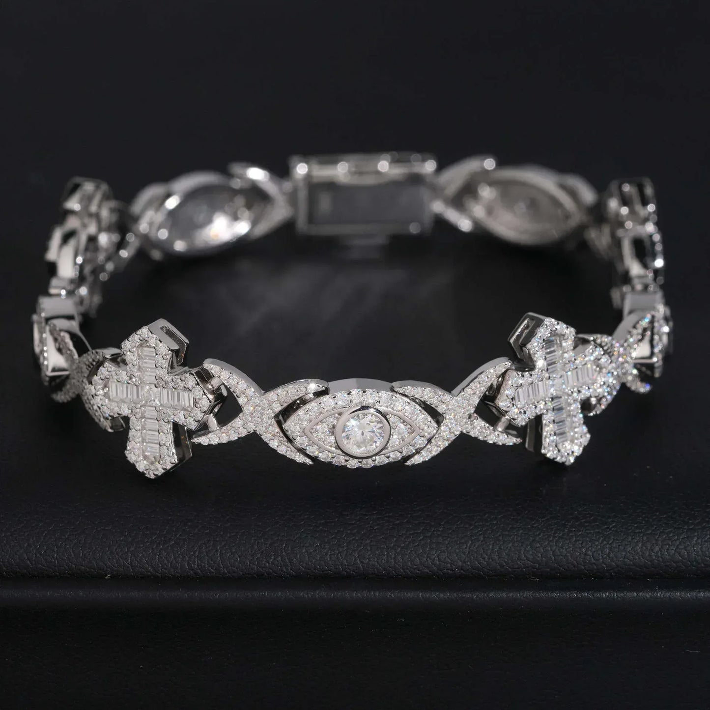 14mm Moissanite Cuban Link Bracelet with Cross & Eye Design – S925 Sterling Silver Iced-Out Hip Hop Streetwear Jewelry - CaratixJewelry