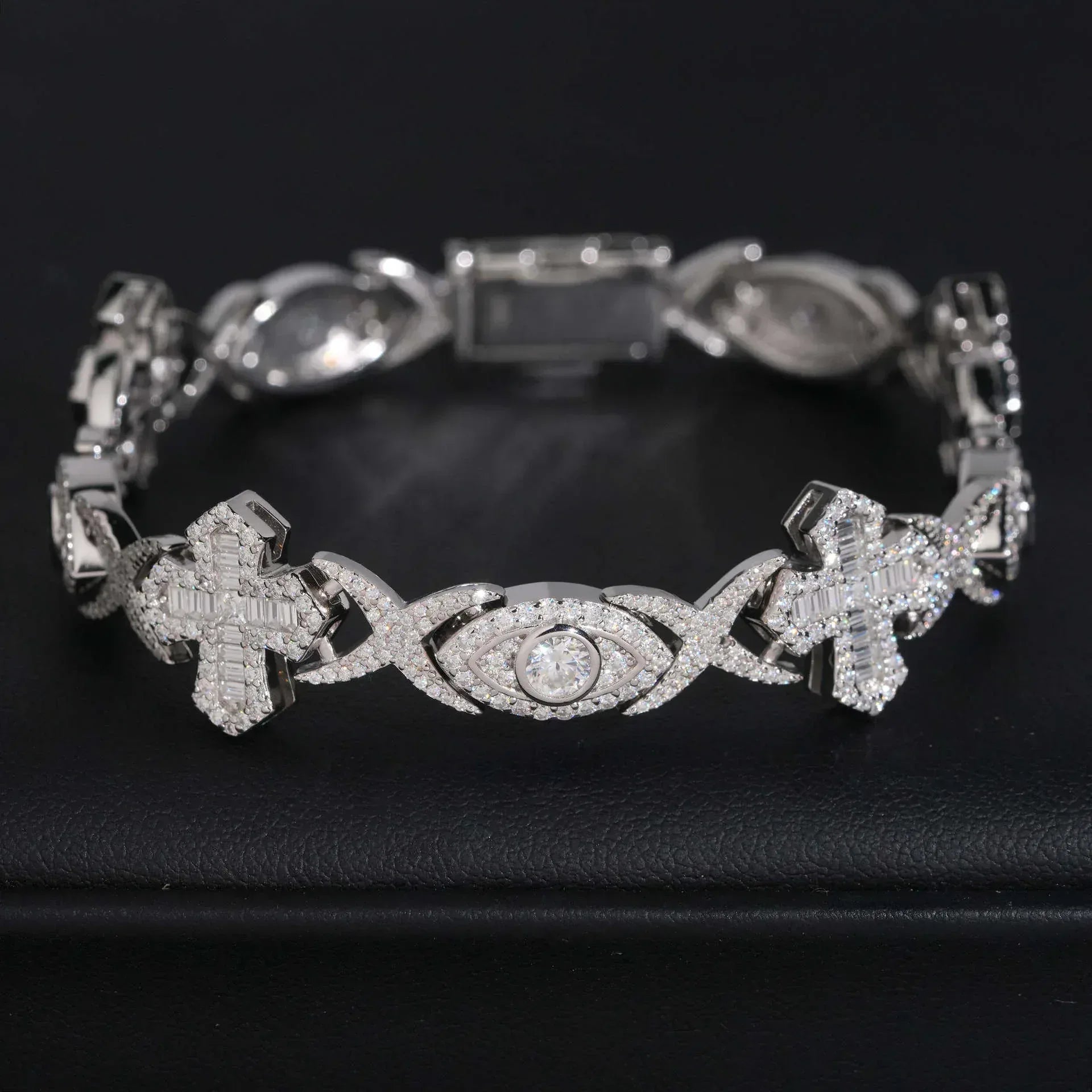 14mm Moissanite Cuban Link Bracelet with Cross & Eye Design – S925 Sterling Silver Iced-Out Hip Hop Streetwear Jewelry - CaratixJewelry