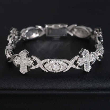 14mm Moissanite Cuban Link Bracelet with Cross & Eye Design – S925 Sterling Silver Iced-Out Hip Hop Streetwear Jewelry - CaratixJewelry