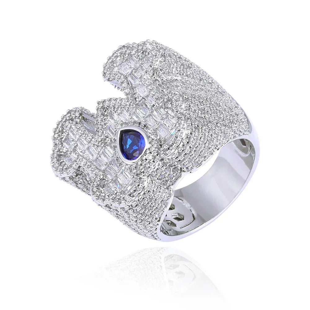 Blue Teardrop Gem Letter Ring Zircon for Men | Caratix Jewelry - CaratixJewelry