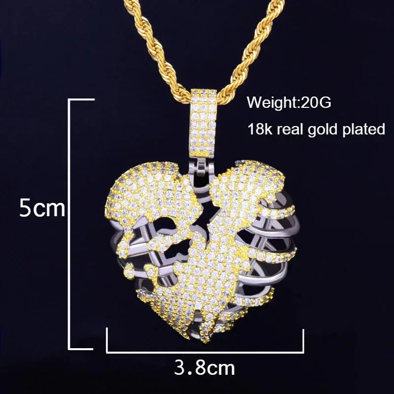 Iced Out Broken Skeleton Heart Pendant | Unisex Real Copper CZ Necklace - CaratixJewelry