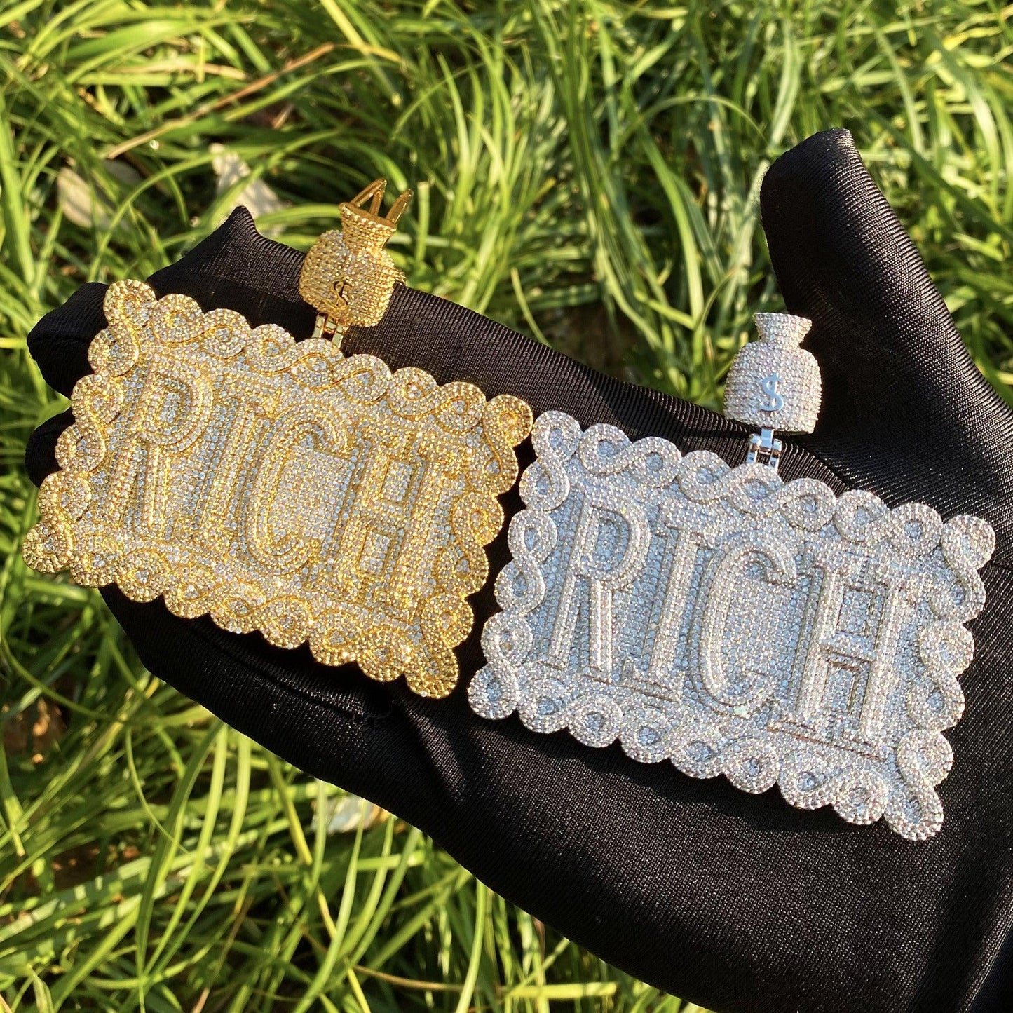 Iced Out "RICH" Dollar Sign Pendant | Men's Real Copper Square Medallion Necklace - CaratixJewelry