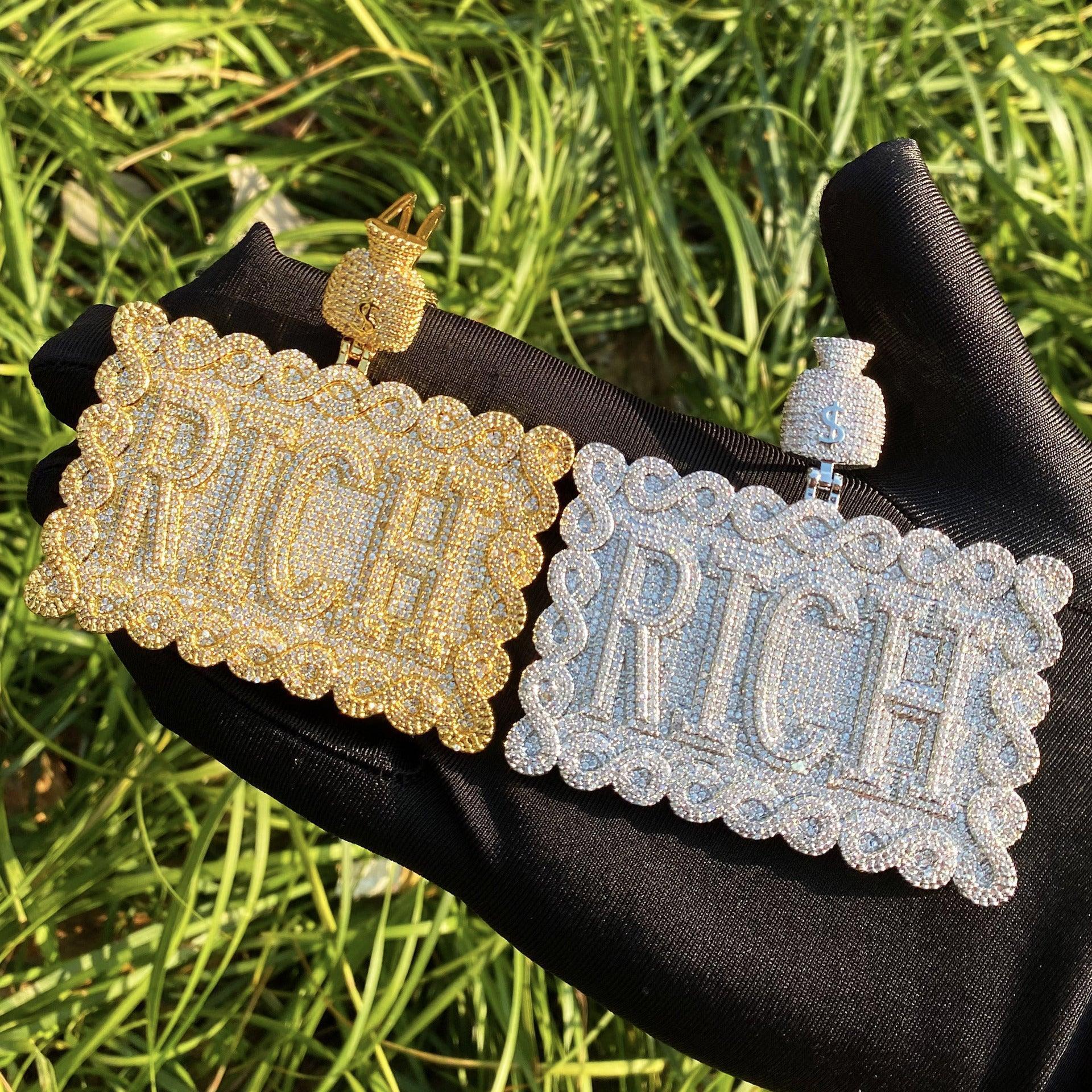 Iced Out "RICH" Dollar Sign Pendant | Men's Real Copper Square Medallion Necklace - CaratixJewelry