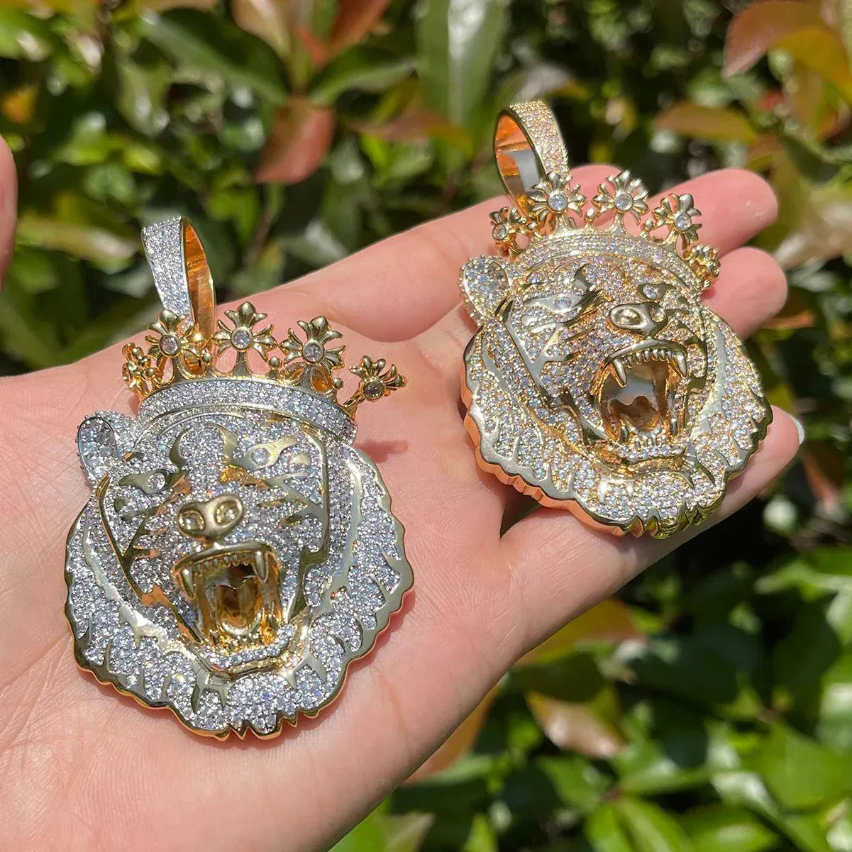 Iced Out Crowned Lion Head Pendant | Men's Real Copper CZ Necklace - CaratixJewelry
