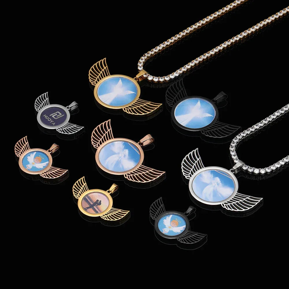 Winged Round Photo Frame Pendant Necklace with Customizable Photo for Men | DIY Stainless Steel Necklace | Caratix Jewelry - CaratixJewelry