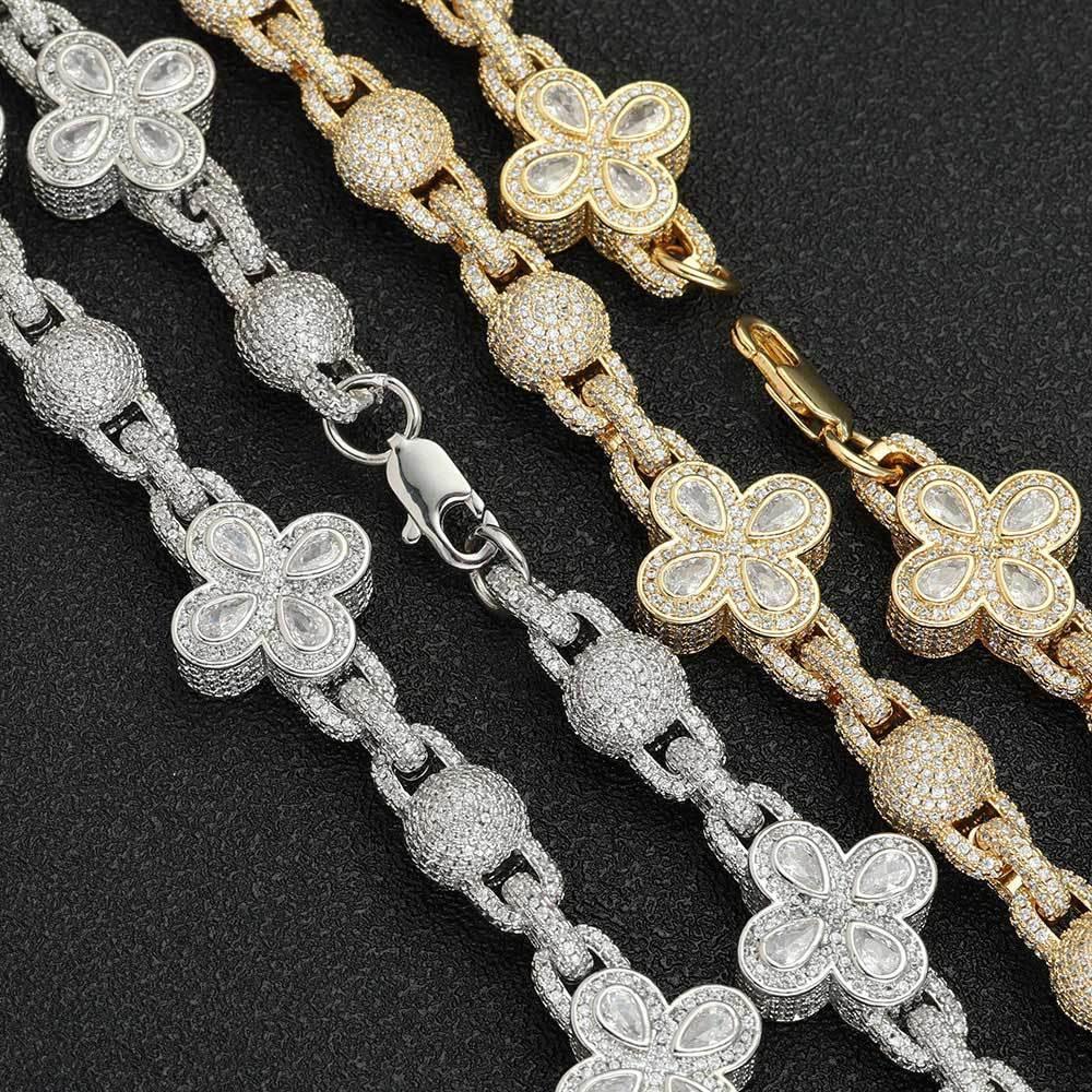 Four-Leaf Clover Moissanite Bead Chain – S925 Sterling Silver Iced-Out Hip Hop Men’s Luxury Streetwear Necklace - CaratixJewelry