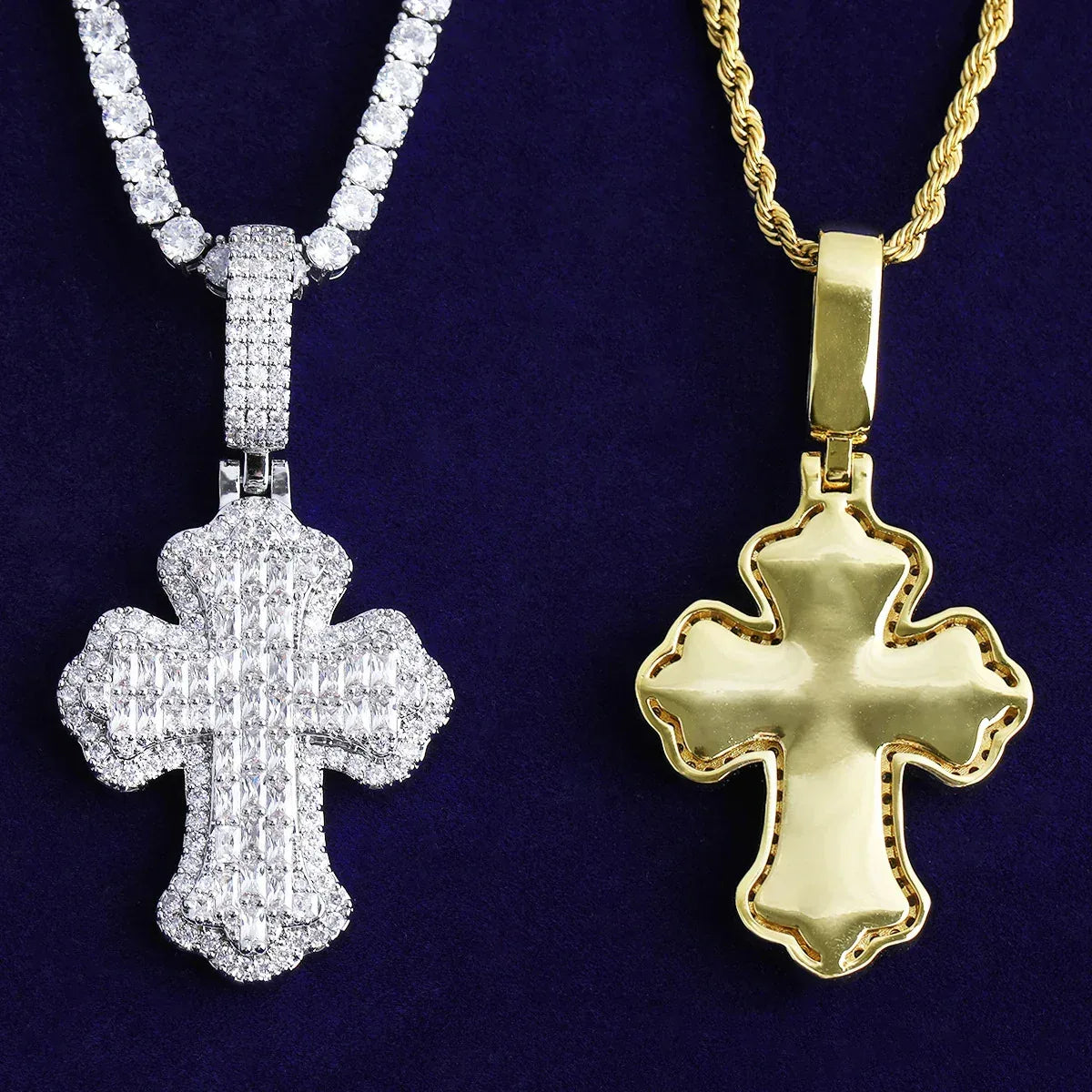 Double Layer Iced Out Baguette Cross Pendant | Men's Real Copper CZ Necklace - CaratixJewelry