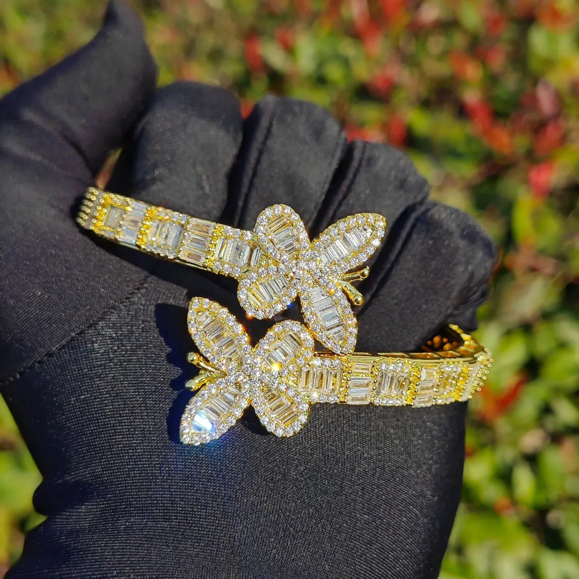 Iced Out Butterfly Bangle Bracelet with Copper & Zircon | Gold & Silver Open Cuff Hip Hop Jewelry for Men & Women | Caratix Jewelry - CaratixJewelry