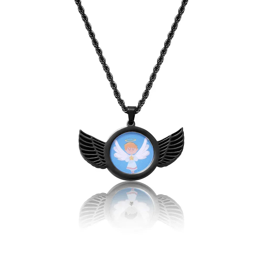 Winged Round Photo Frame Pendant Necklace with Customizable Photo for Men | DIY Stainless Steel Necklace | Caratix Jewelry - CaratixJewelry
