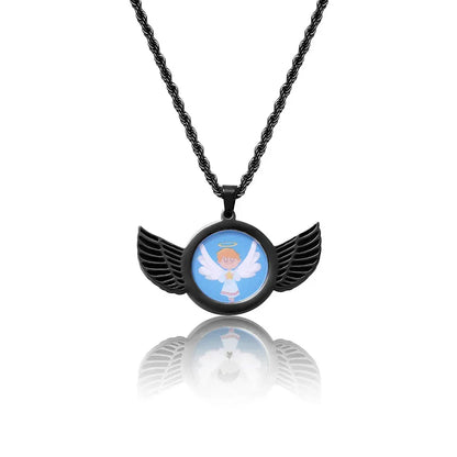 Winged Round Photo Frame Pendant Necklace with Customizable Photo for Men | DIY Stainless Steel Necklace | Caratix Jewelry - CaratixJewelry