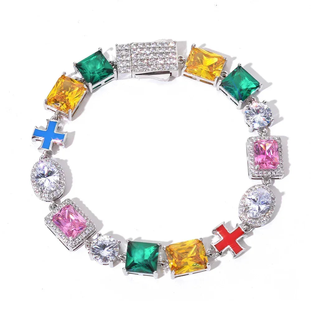 Custom 10mm Cross Charm Color Gemstone Bracelet | Premium Iced Out Jewelry for Men | Caratix - CaratixJewelry