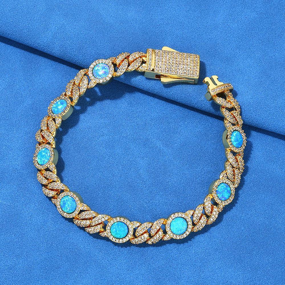 8mm Blue Gemstone Opal Zircon Hip Hop Jewelry Cuban Bracelet - CaratixJewelry