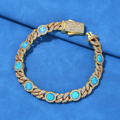 8mm Blue Gemstone Opal Zircon Hip Hop Jewelry Cuban Bracelet - CaratixJewelry