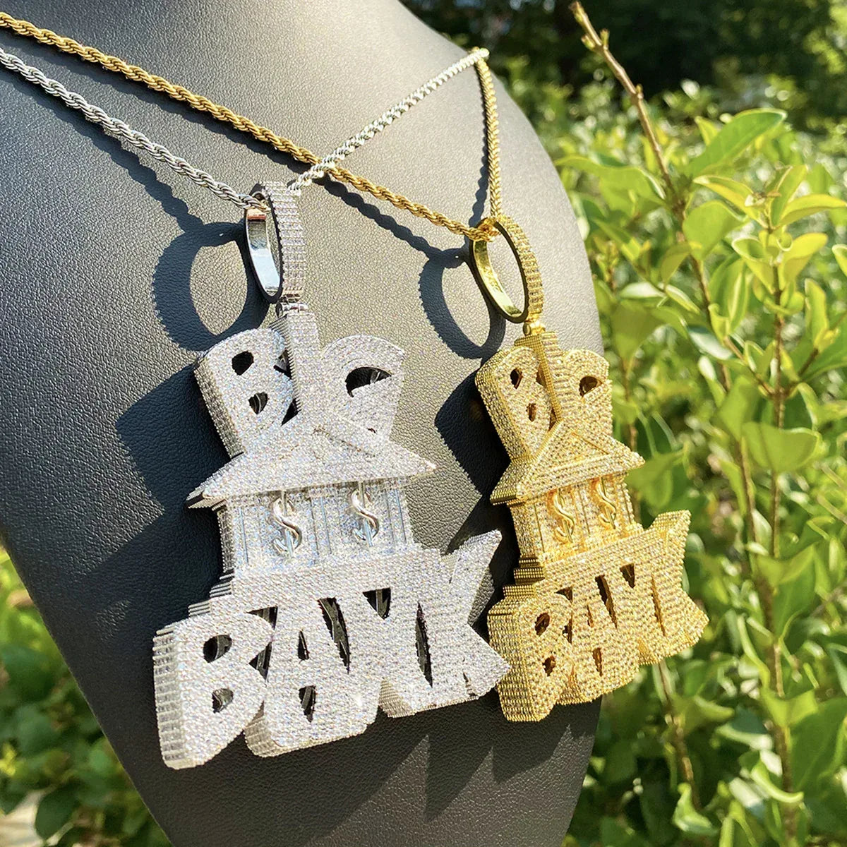 Iced Out "Big Bank" Letter Pendant | Men's Real Copper Money Statement Necklace - CaratixJewelry