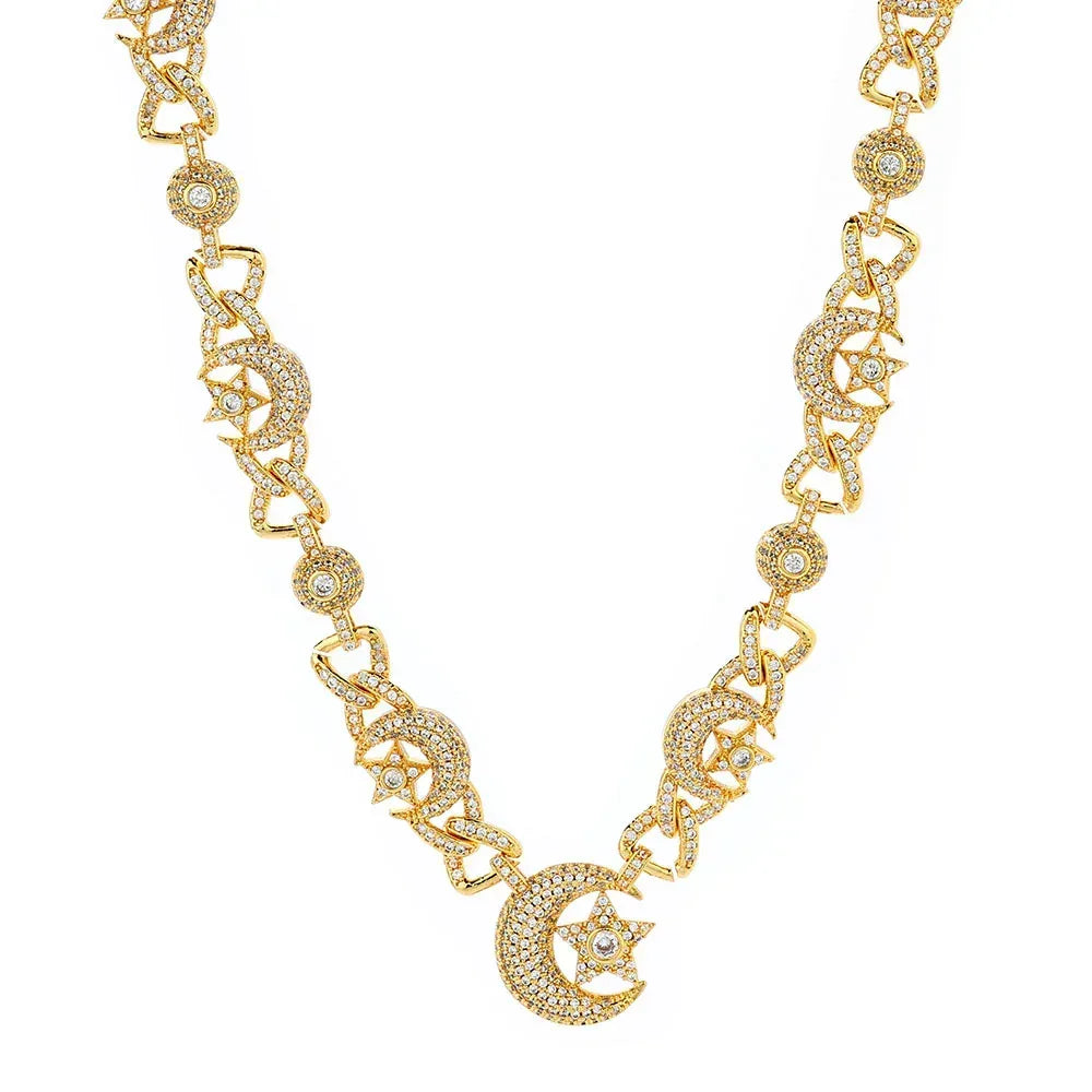 Custom 10mm Moon Star Necklace Gold Chain for Rapper | Caratix Jewelry - CaratixJewelry