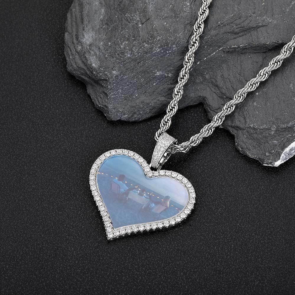Custom Heart Photo Pendant Necklace with Zircon Stones for Men | Caratix Jewelry - CaratixJewelry