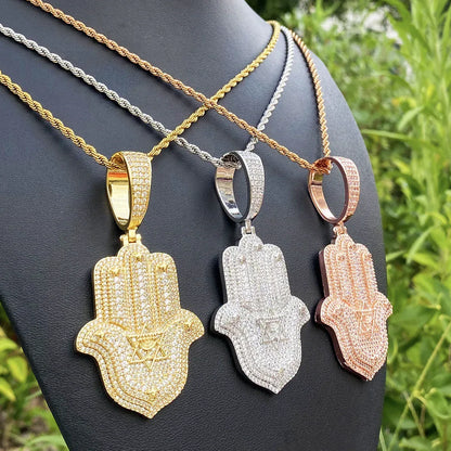 Iced Out Hand & Star Pendant | Unisex Real Copper CZ "Lucky Charm" Necklace - CaratixJewelry