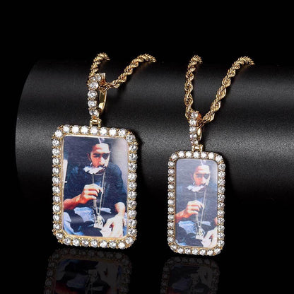 Custom Large Square Photo Pendant Necklace with Micro-Pave Zircon Stones | Caratix Jewelry - CaratixJewelry