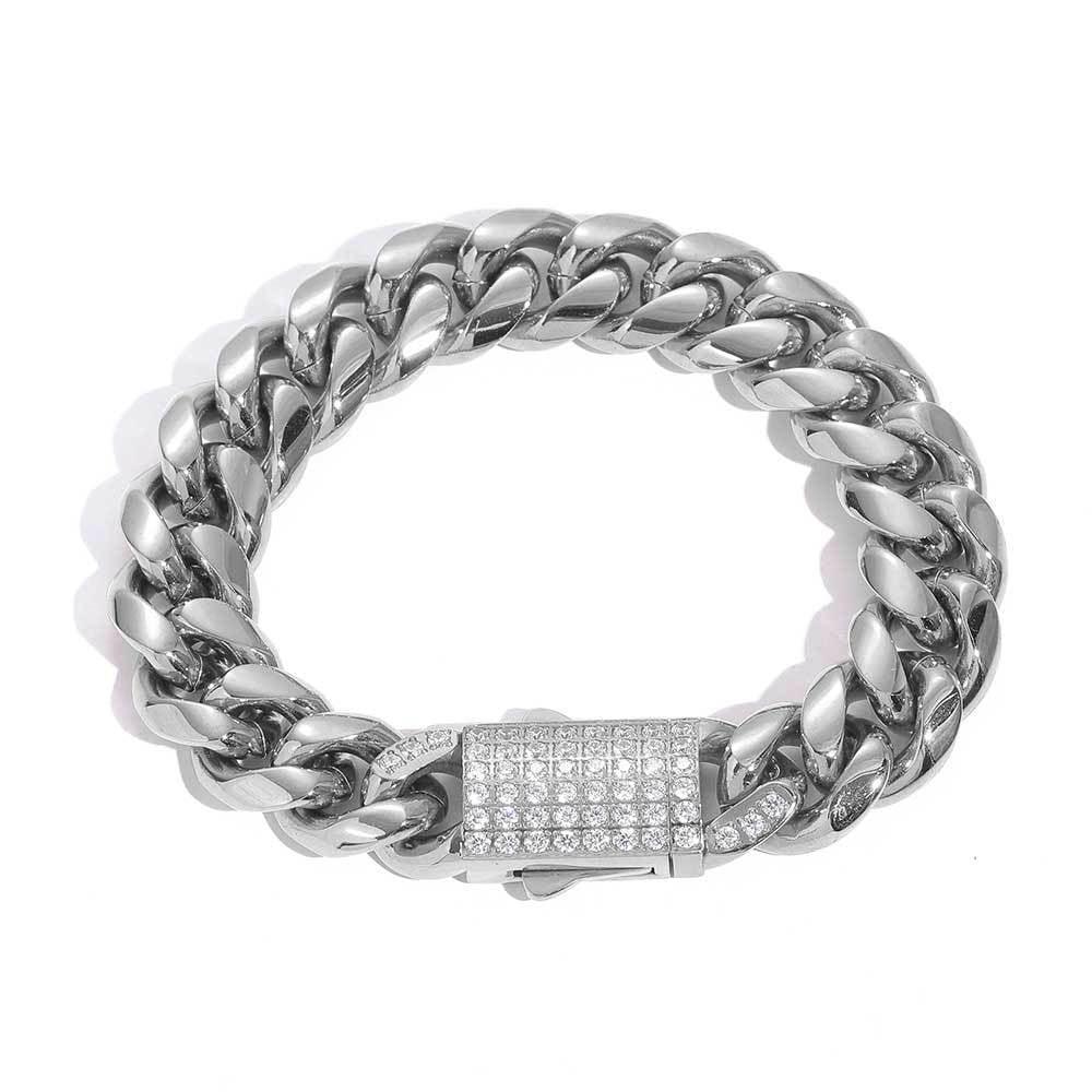Polished Round Cuban Link Titanium Bracelet Zircon Hip Hop Jewelry Push Button Clasp for Men | Caratix Jewelry - CaratixJewelry